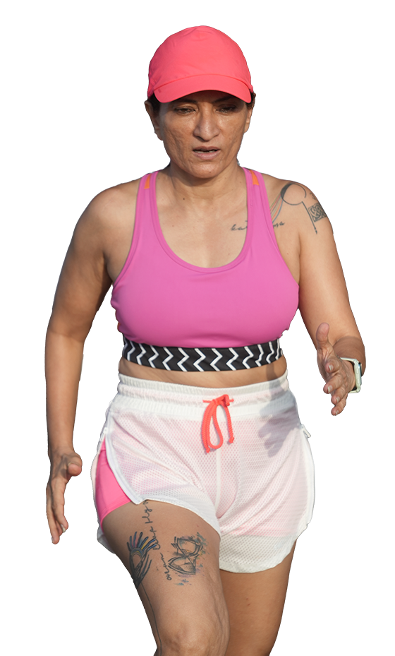 Dina Patel, marathon runner and coach, leading RunWithDina